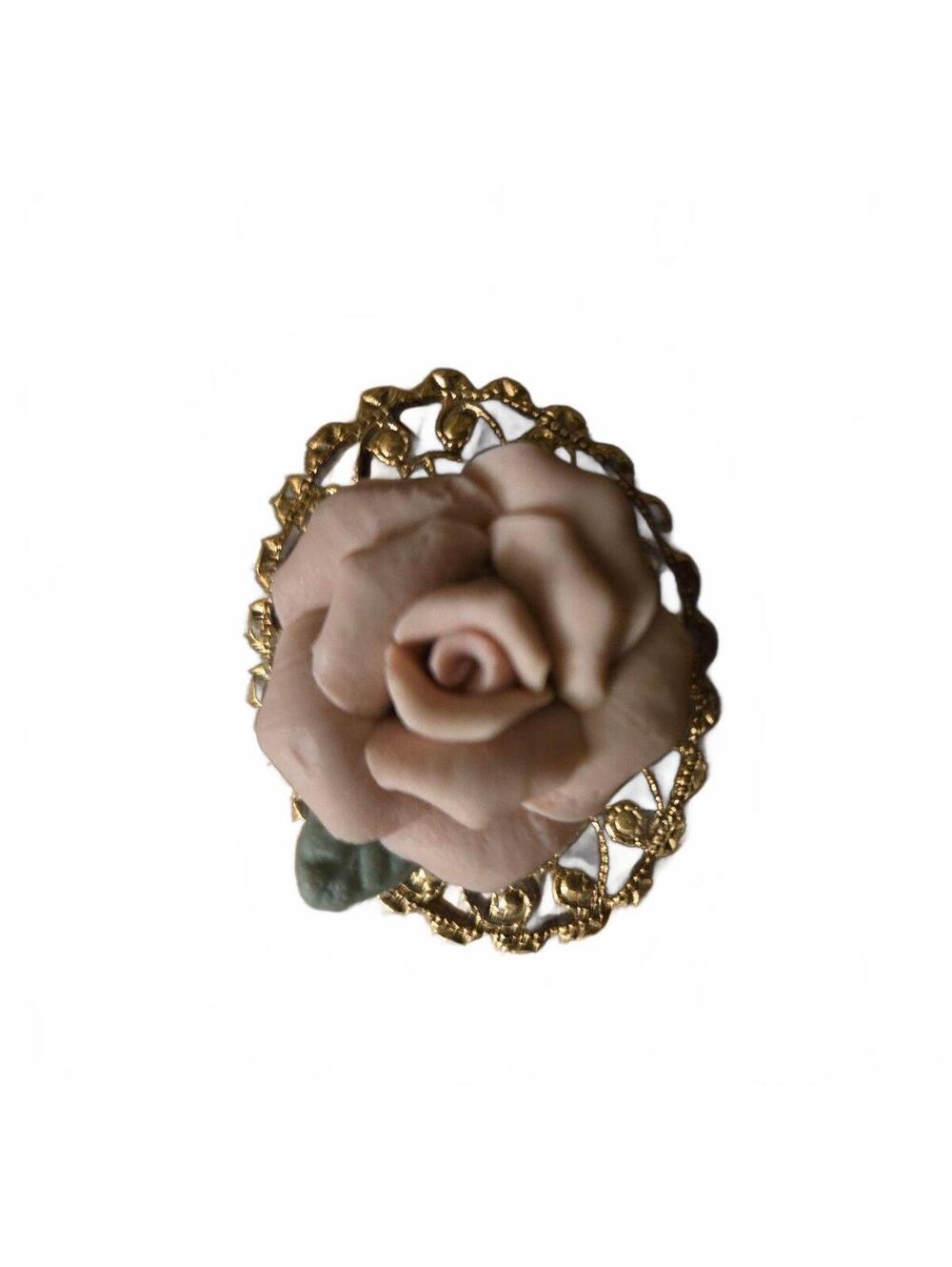 Vintage Pink Rose Floral Brooch with Gold Filigree Base
